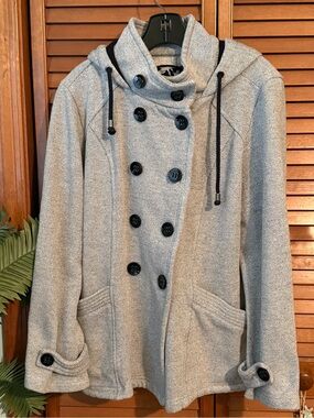 Debby Double-Breasted Hooded Wool-Blend Coat in Light Gray